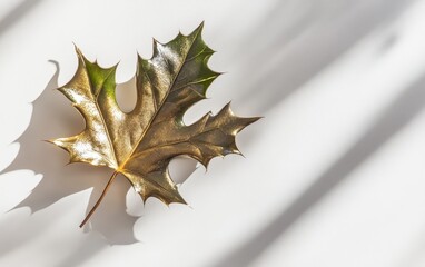 A single holly leaf dipped in gold paint, isolated on a white surface with a shadow 