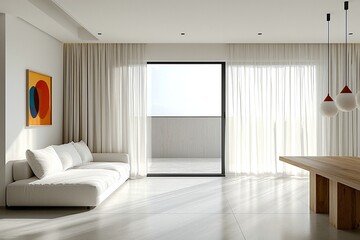 Obraz premium A living room with a combination of japandi and Scandinavian interiors with accented interiors and sofas with black window frames. Generative AI 