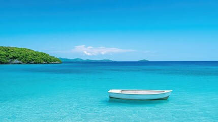 Obraz premium Serene Beach View with Clear Water and Lonely White Boat