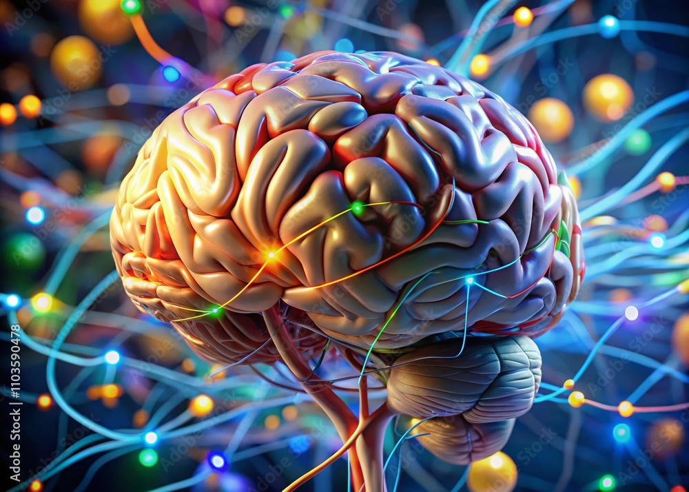 Poster exploring the complexity of the human brain: a detailed model showcasing brain anatomy and functiona