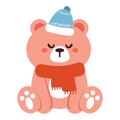 Fototapeta premium cute hand drawing cartoon bear wearing red scarf. cute bear drawing for winter sticker, winter animal
