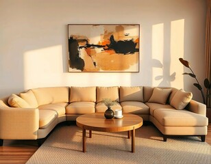 A modern living room with a beige curved sofa, a round coffee table, and a large abstract painting on the wall, japandi interior design