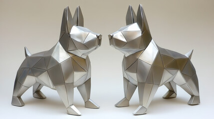 Two geometric, metallic dog sculptures face each other, embodying a modern, angular art style. Their sleek, mirrored surfaces create a futuristic aesthetic.