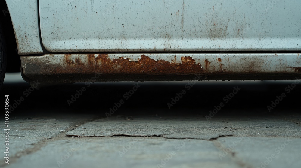 Poster a close-up of a car's lower side showing visible rust stains against a textured pavement surface.
