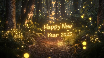 Naklejka premium A serene forest with fireflies spelling 