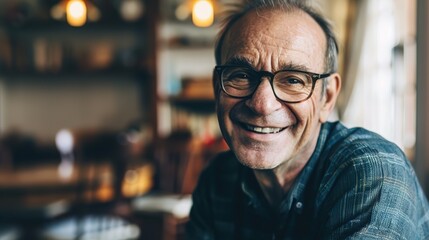 Senior man smiling joyfully as he receives a retirement payment check in a cozy living room, celebrating financial security and peaceful home life.
