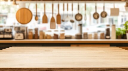 A cozy kitchen with a wooden countertop and various cooking utensils hanging in the background, creating a warm, inviting atmosphere.