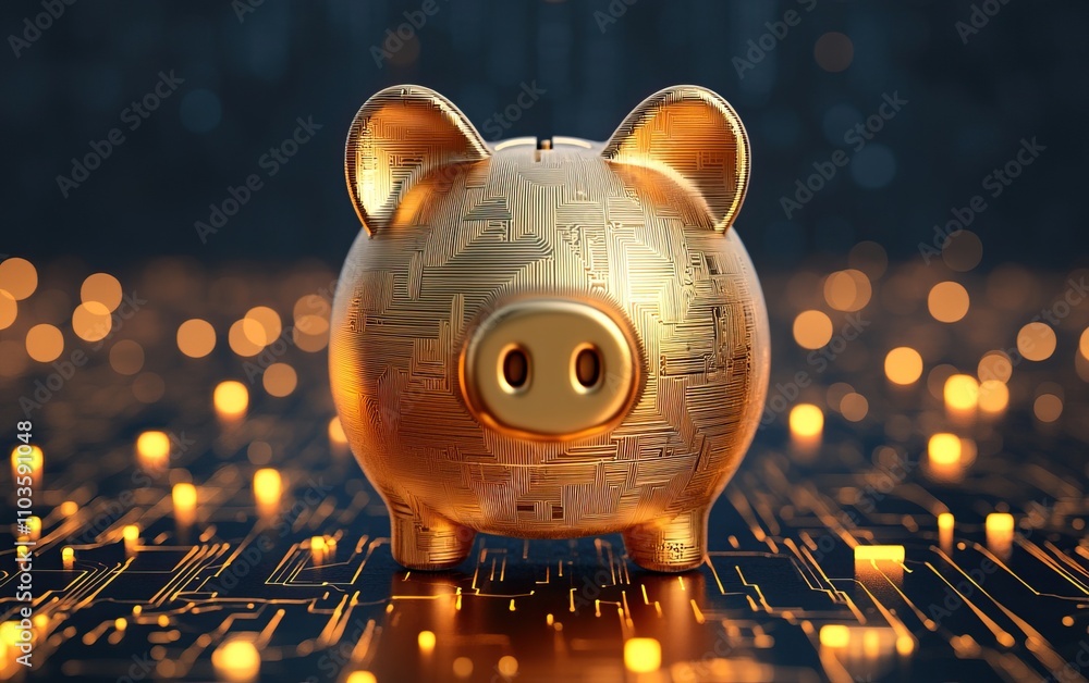 Poster a shiny golden piggy bank with a circuit pattern, surrounded by glowing lights, symbolizing digital 