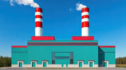 A large industrial facility with red and white smokestacks against a clear blue sky, surrounded by trees.