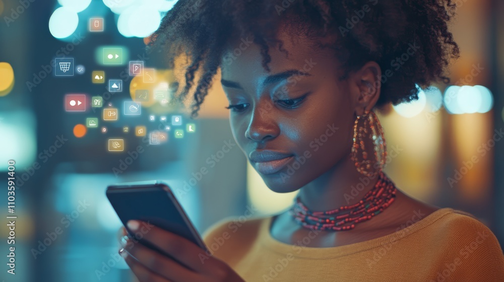 Poster young woman is using smartphone with augmented reality social media app icons floating above the scr