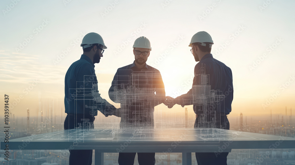 Poster engineers in hard hats collaborate on a digital architectural project at sunset, with holographic bl