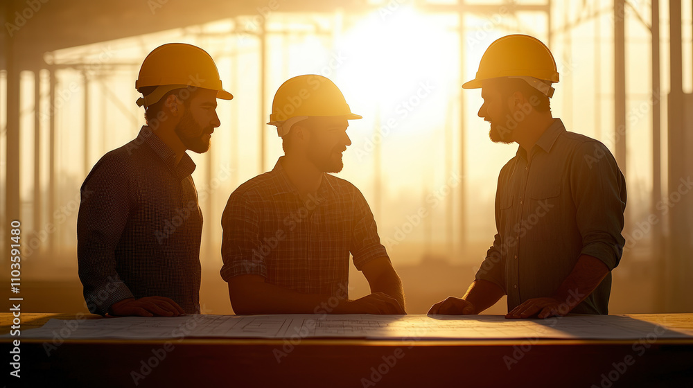 Poster three construction workers wearing yellow helmets discuss project blueprints at a table, with the su