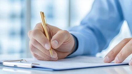 A close-up of a hand writing on a notepad with a gold pen, showcasing a professional and focused work environment.