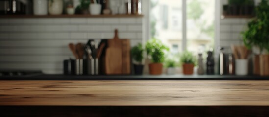 A cozy kitchen interior featuring a wooden countertop and various kitchen utensils, with plants enhancing the warm atmosphere.
