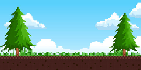 Flat cartoon of pixel art illustration of landscape background. Pixel arcade display for game design. 8-bit retro-style game design concept © ikkiae01