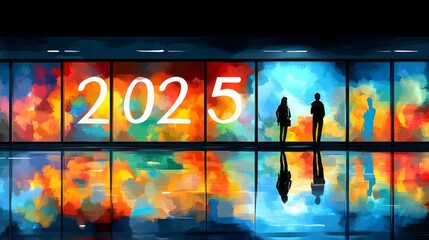 Fototapeta premium A reflective corridor with glowing '2025' text, representing futuristic innovation and progress.