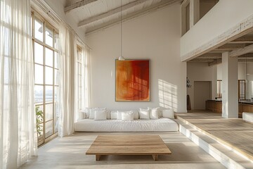 Fototapeta premium A living room photo of a combination of Scandinavian interiors and japandi interiors in a living room with a window view and sofa and table. Generative AI 