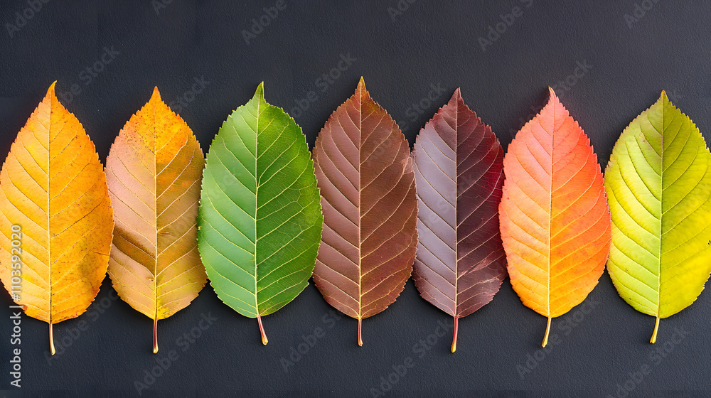 Poster seven leaves arranged in a row showcasing the progression of autumn colors from yellow to deep red. 