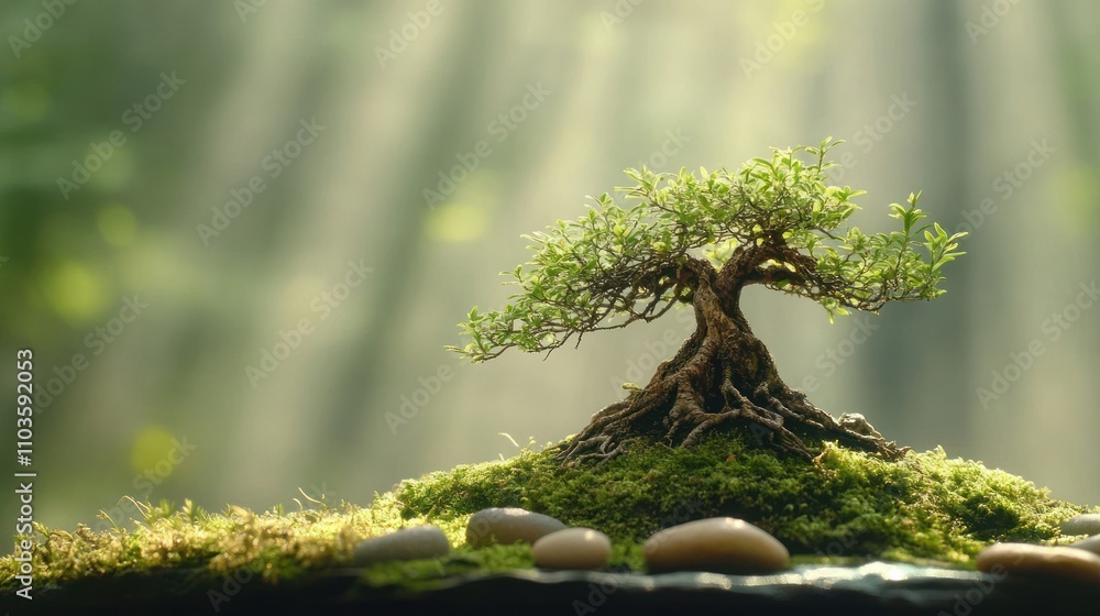 Poster a small tree on moss with stones, illuminated by soft rays of light.