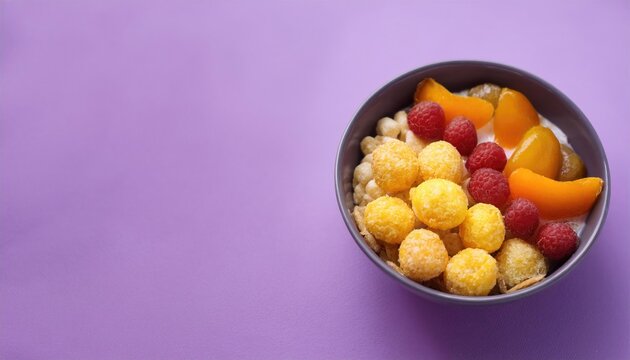 Tasty breakfast with oatmeal, corn balls and fruits on pastel background 