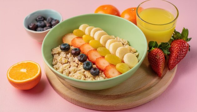 Tasty breakfast with oatmeal, corn balls and fruits on pastel background 