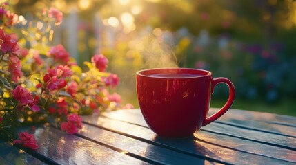Obraz premium A steaming cup of coffee sits on a wooden table surrounded by blooming flowers in sunlight.