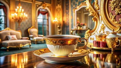 Fototapeta premium Exquisite Royal Gold Luxuries: A Captivating Display of Tea and Coffee Cups with Elegant Decor, Perfect for Indulging in Opulence and Sophistication in Any Setting