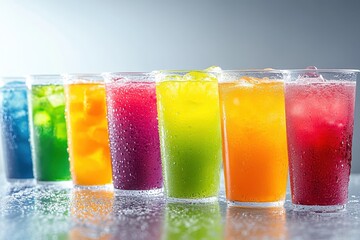 Vibrant Array of Colorful Refreshing Drinks in Clear Glasses on a Bright Gradient Background