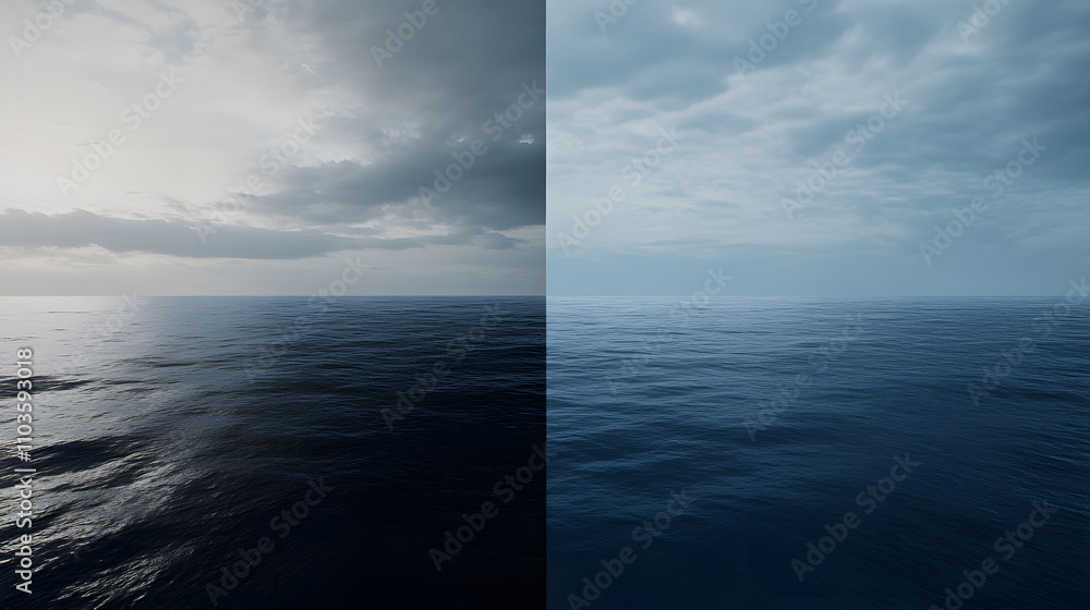 Aufkleber a split image showcasing two color variations of a calm ocean scene under a cloudy sky. the left sid