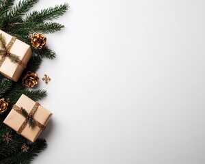 Fototapeta premium A festive arrangement of wrapped gifts surrounded by pine branches and decorative elements, creating a warm holiday atmosphere.