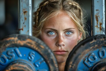 Dedicated young woman in sports attire engaged in intense strength training with dumbbells at gym