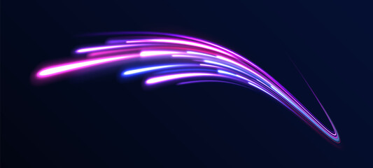 Creative vector illustration of flying cosmic meteor, planetoid, comet, fireball isolated on transparent background. Effect, png, wave,neon,line. Light arc in neon colors, in the form of a turn.