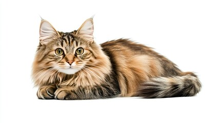 Fototapeta premium Graceful Young Siberian Forest Cat Relaxing on White Background