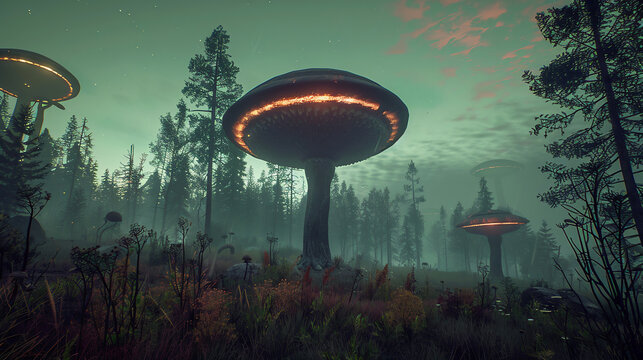 A serene forest in the aftermath of a nuclear explosion, where twisted, irradiated trees and glowing fungi thrive unnaturally.