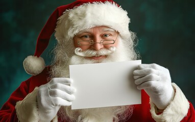 Naklejka premium Santa holding a white card. The card is blank and the santa is wearing white gloves 