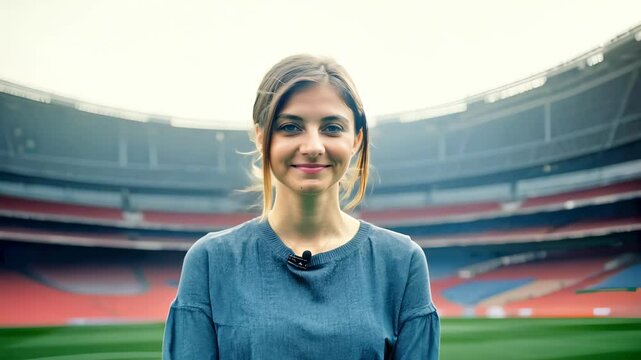 Smiling female sports commentator at a football stadium, preparing for a football review. Concept of sports presenter, field reporting, live broadcast, football analysis. Fan, Soccer game
