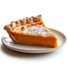 A slice of pumpkin pie on a plate, showcasing its smooth filling and flaky crust.