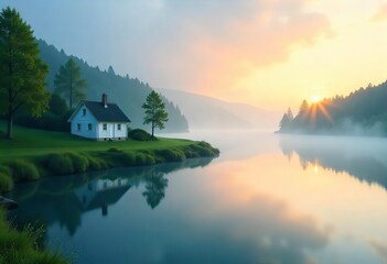 Fototapeta premium fog in river, sunrise over river, scenic countryside view, vibrant sunrise colors, photorealistic landscape, tranquil morning scene, serene rural landscape, misty river valley, golden hour photograph