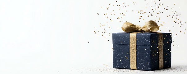 Luxurious Christmas Gift box with golden ribbon and confetti falling around it
