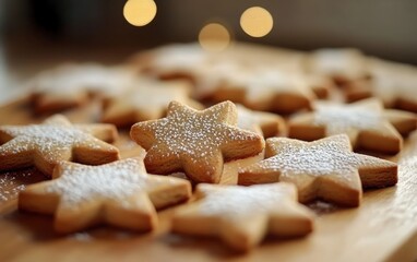 A tray of festive gingerbread cookies shaped like stars and snowflakes, dusted with powdered sugar, on a wooden surface 