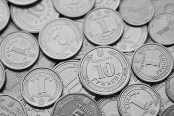 Ukrainian money, exchange coin, white coins of different denomination in random order.