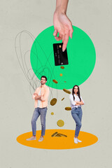 Vertical photo collage of two serious business partners girl guy crossed hand hold credit card coin...