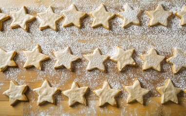 A tray of festive gingerbread cookies shaped like stars and snowflakes, dusted with powdered sugar, on a wooden surface 