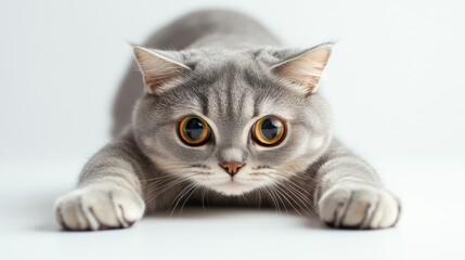 Playful Scottish Fold Cat Stretching on White Background