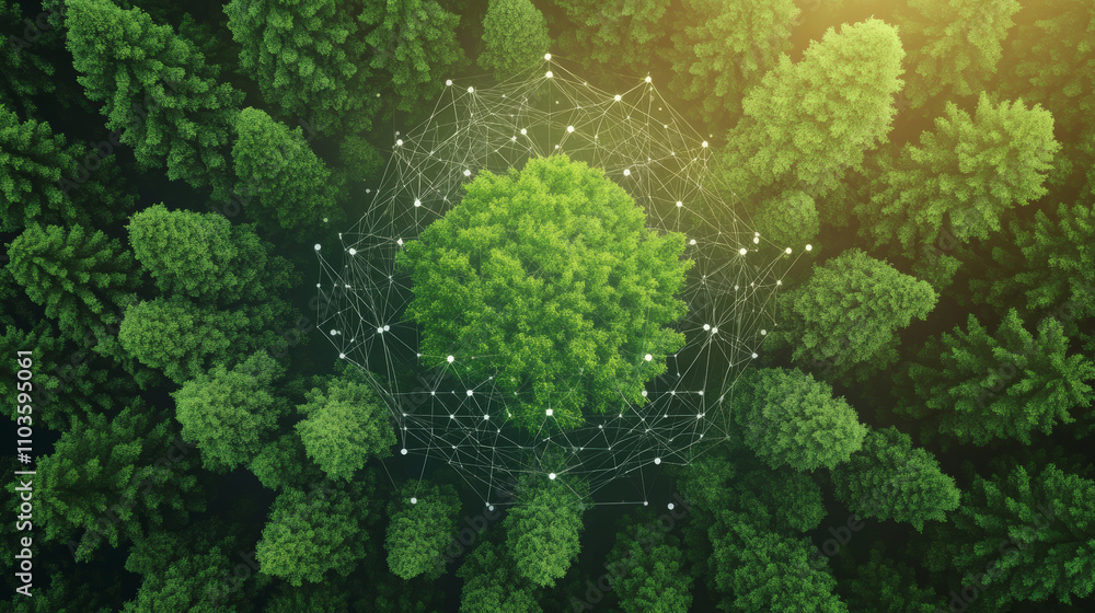 Poster aerial view of lush green trees with a digital network overlay, illustrating the connection between 