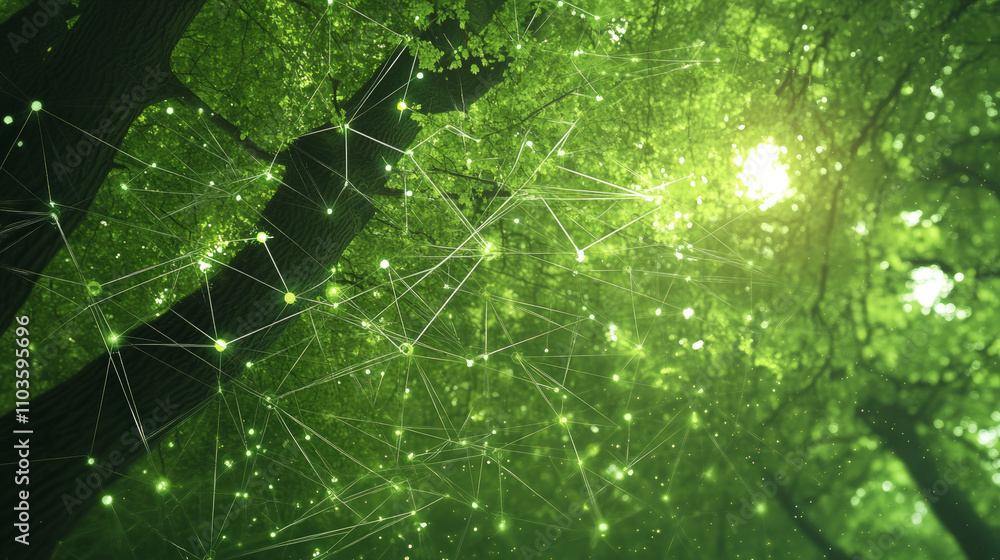 Poster sunlight filters through a lush green forest canopy, with digital network lines superimposed, illust