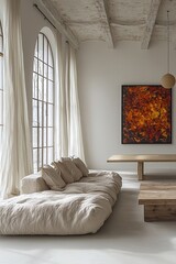 A living room photo of a combination of Scandinavian interiors and japandi interiors with beige sofas and wood tables visible and pendant lighting. Generative AI
