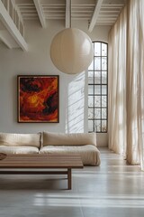 Modern Japani interiors in living rooms with sofas and large art frames. Generative AI
