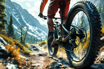 Low angle view of back of mountain biker's bicycle wheel as he rides aggressively on rough trail. Illustration by AI.