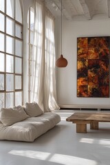 Obraz premium Modern Japani interiors in living rooms with sofas and large art frames. Generative AI 